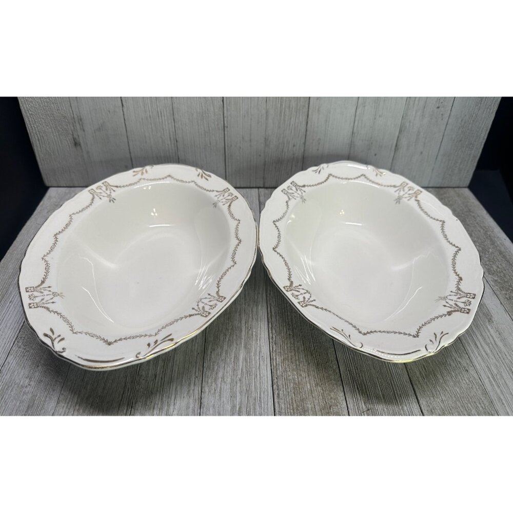 Vintage Crown Potteries Co Vegetable Serving Bowl Oval Gold Rim 9.5'' - Set of 2